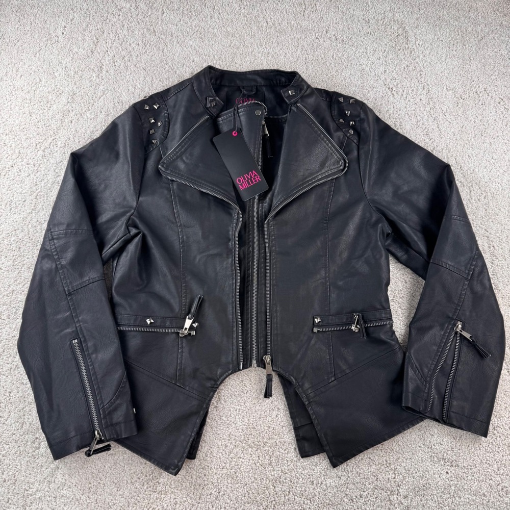 Olivia Miller Womens Black Faux Leather Studded Biker Moto Jacket XL New - Picture 4 of 15